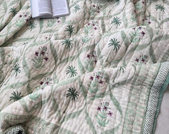Palm Tree Block Print Quilt: Jaipuri Razai Queen Size Cotton Bedspread