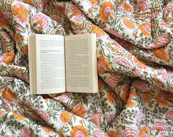 Indian Reversible Yellow Orange Green Twin Quilt,Jaipuri Razai/Christmas Gift Soft Quilt/HandBlock Print Quilt/Jaipuri Quilt/Twin size Quilt