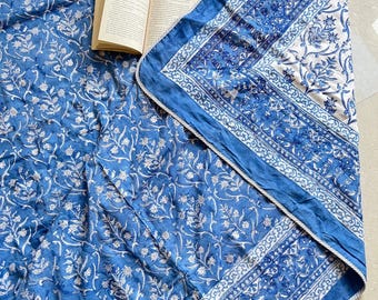 Blue Block Print Cotton Dohar: Bohemian Lightweight Bedspread