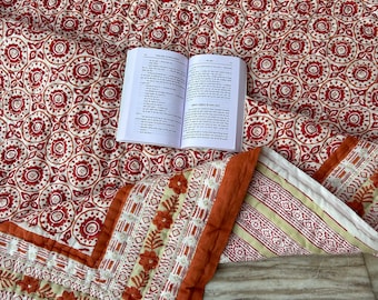 Hand Block Print Cotton Queen Quilt: Reversible Jaipuri Razai