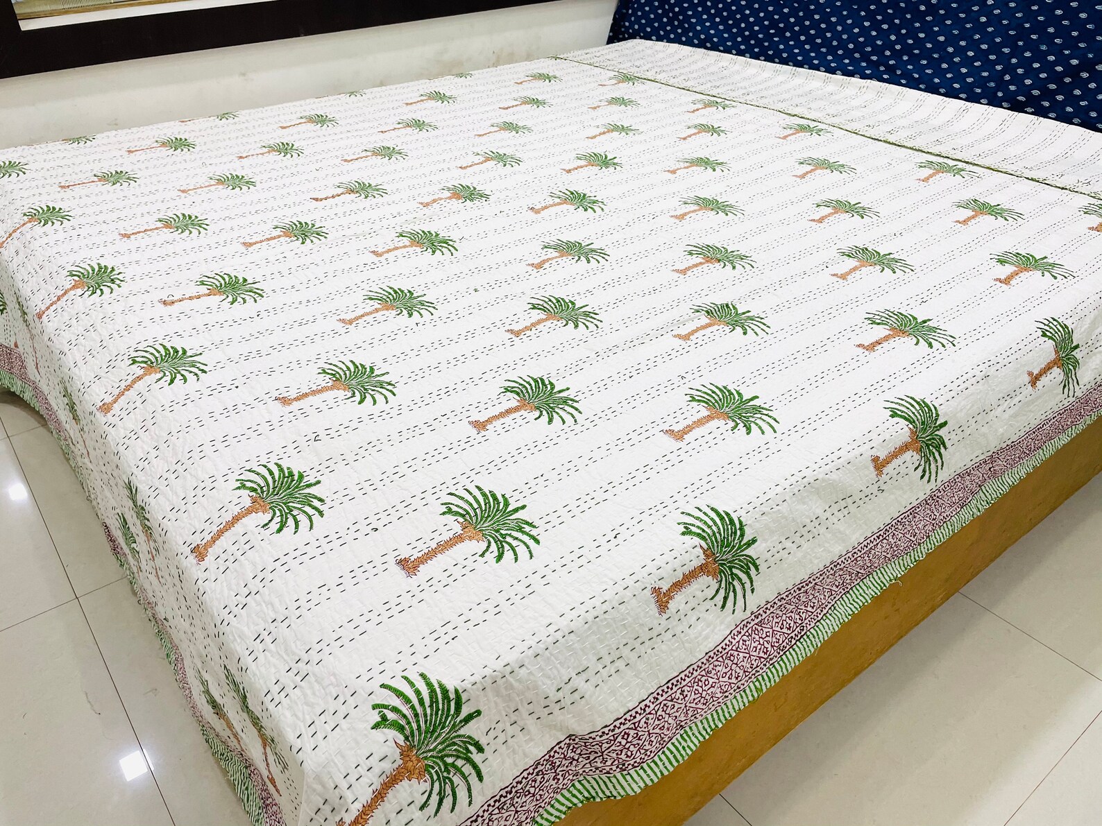 Green Palm Tree Quilt Bedding Kantha Blanket Queen Size Quilt Etsy