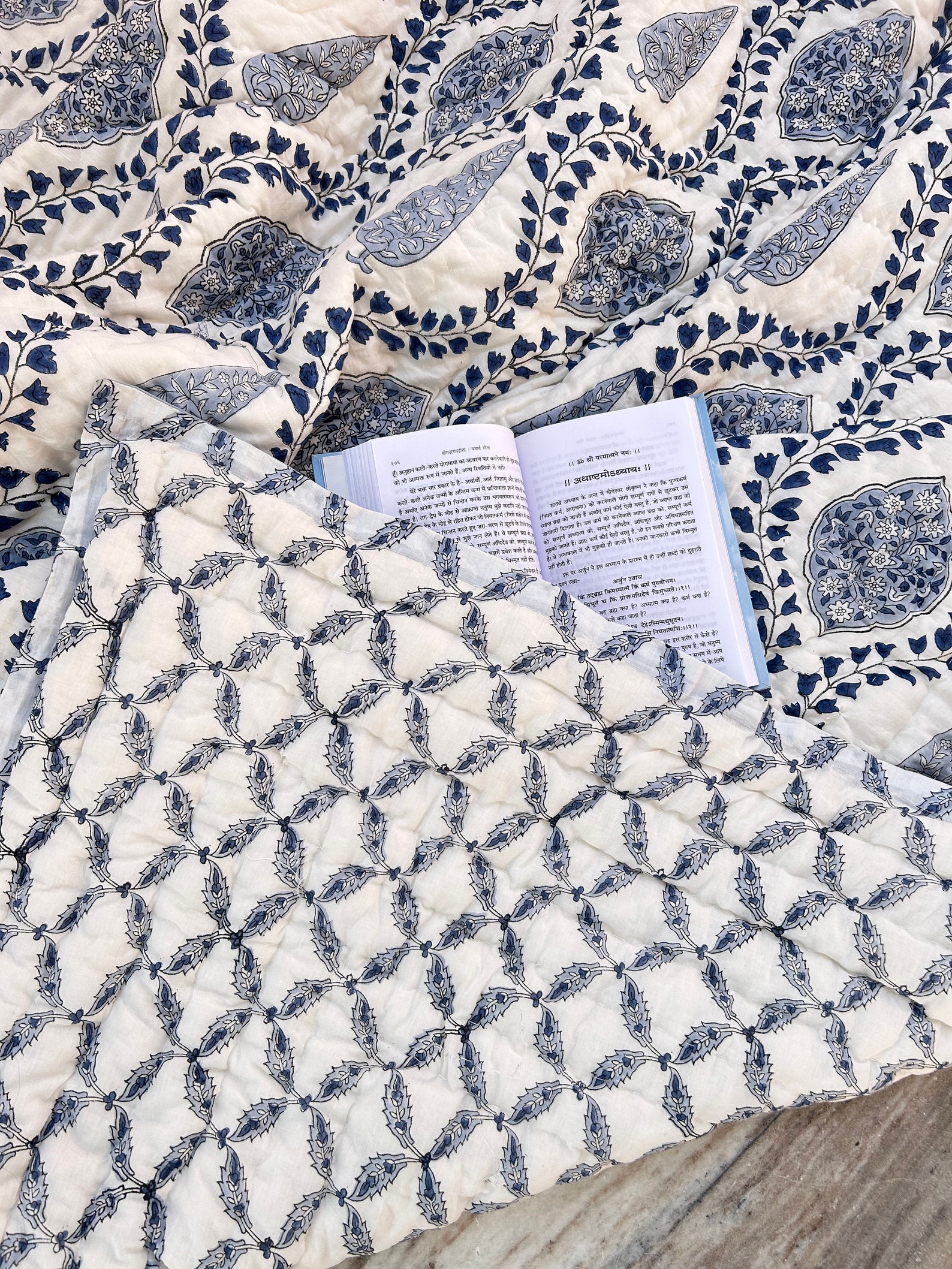 Hand Block Print Queen Cotton Quilt: Floral Bedspread - 90x108" inches, quilt