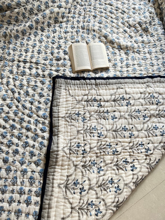 Handmade Cotton Quilt Block Print Quilt reversible Twin Quilt