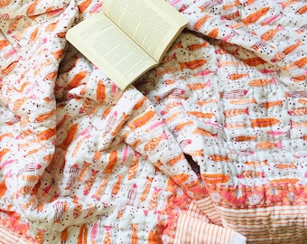 Hand Block Print Queen Quilt: Indian Reversible Cotton Razai