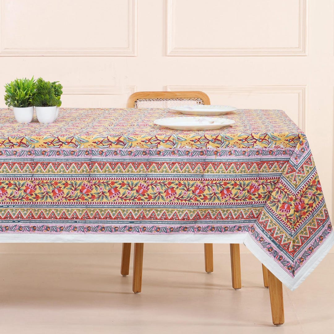 Hand Block Printed Table Cover, Floral Pattern Tablecloth, Farmhouse ...