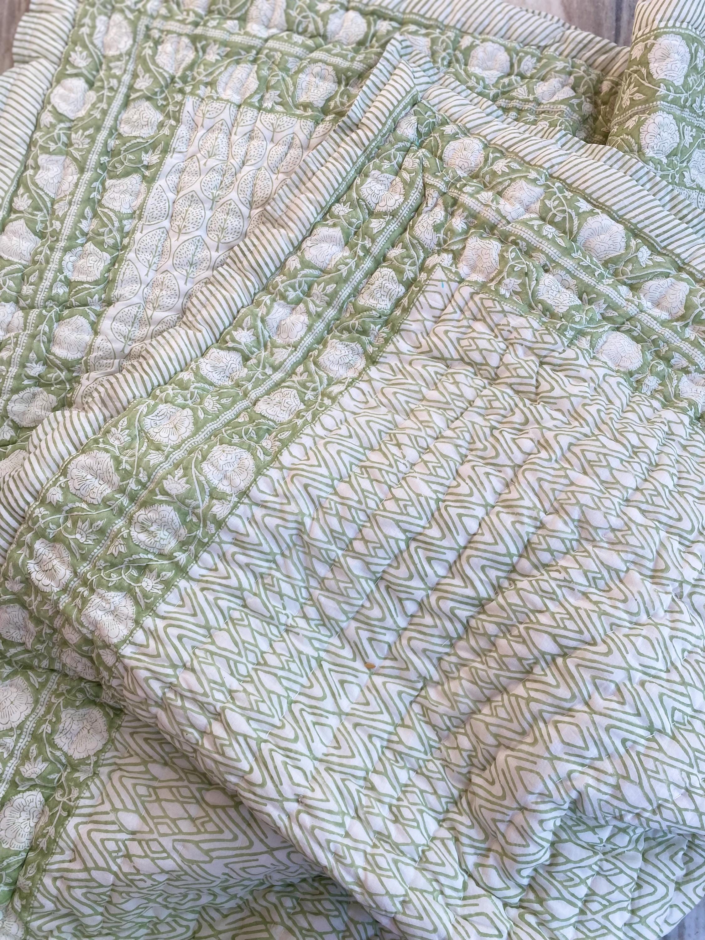 Bohemian Block Printed Cotton Throw Quilted Blanket Razai Comforter Quilt Reversible Double Queen King Razai Handmade Green Xl Full Quilt
