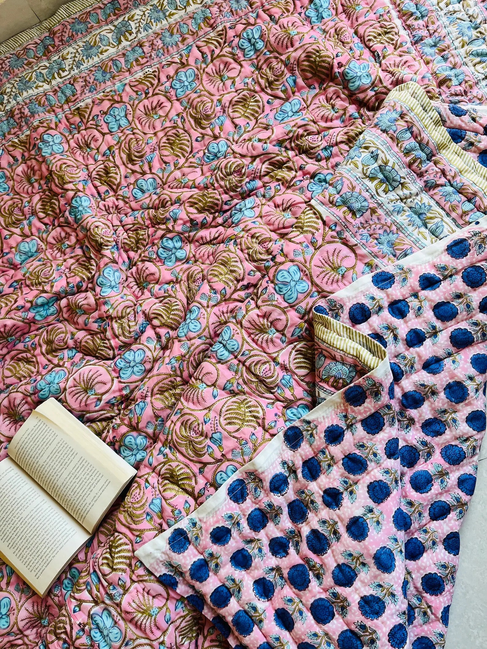 Queen Size Reversible Indian Block Printed Floral Cotton Quilt, Boho Throw Blanket Bedspreads Bed Cover, Anokhi Jaipuri Quilted Throw