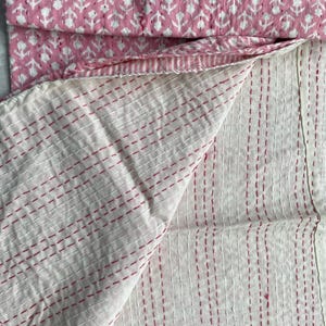 Indian Modern Pink Kantha Quilt Block Printed Stitched Kantha, Floral King Size Bedspread, Bedding Cotton Kantha Quilt, Jaipur Kantha