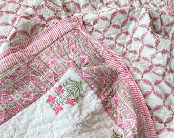 Pink Cotton Indian Bedspread Quilt, Bohemian King Size Bedding Throw, Anokhi Comforter Quilt