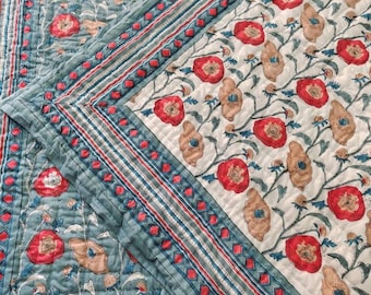 Indian Reversible Quilts/Jaipuri Razai/Soft Quilt/Hand Block Print Quilt /Jaipuri Famous Quilt/Queen size Quilt/Christmas Decor Quilt Gifts