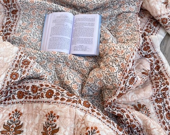 King Size Cotton Block Print Quilt: Bohemian Floral Bedspread