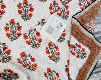 HandBlock Printed Queen Orange floral Cotton Quilted Quilt Cotton Blanket Handmade Bedspread Hand Block Print, 100% Cotton Blanket Throw