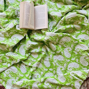 Paisley Cotton Kantha Stitch Pure Cotton Reversible Bed/Sofa Throw King Size | Handmade Hand Printed Floral Dohar | Diamond Weave Petal