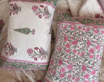 Hand Block Print Indian Cushion Cover: Pink Cotton Pillow Case