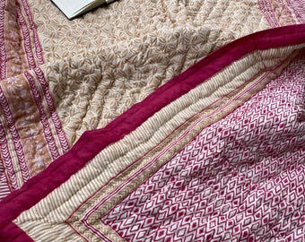Pink Cotton Handmade Cotton Quilt, Queen Size Block Printed Boho Bedding, Anokhi Razai