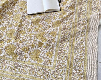 Mustard Yellow Hand Block Kantha Quilt, Vintage Bed Cover, Jaipur Floral Throw, Cotton Kantha