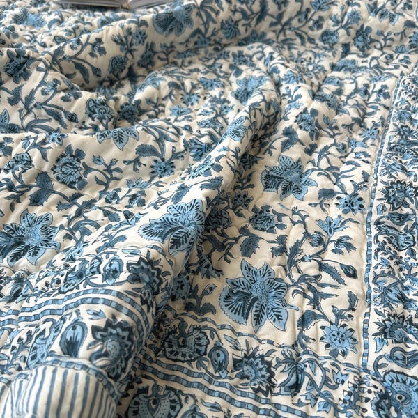King Size Blue Floral Hand Block Print Cotton Quilt - Lightweight Handloom Comforter