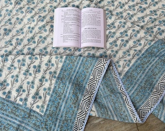 Bohemian Blue Floral Cotton Dohar Quilt: Reversible King Size Bedspread