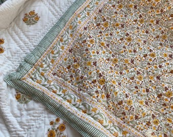 Jaipuri Floral Cotton Quilt, Wood Block Printed Razai, Bohemian Comforter