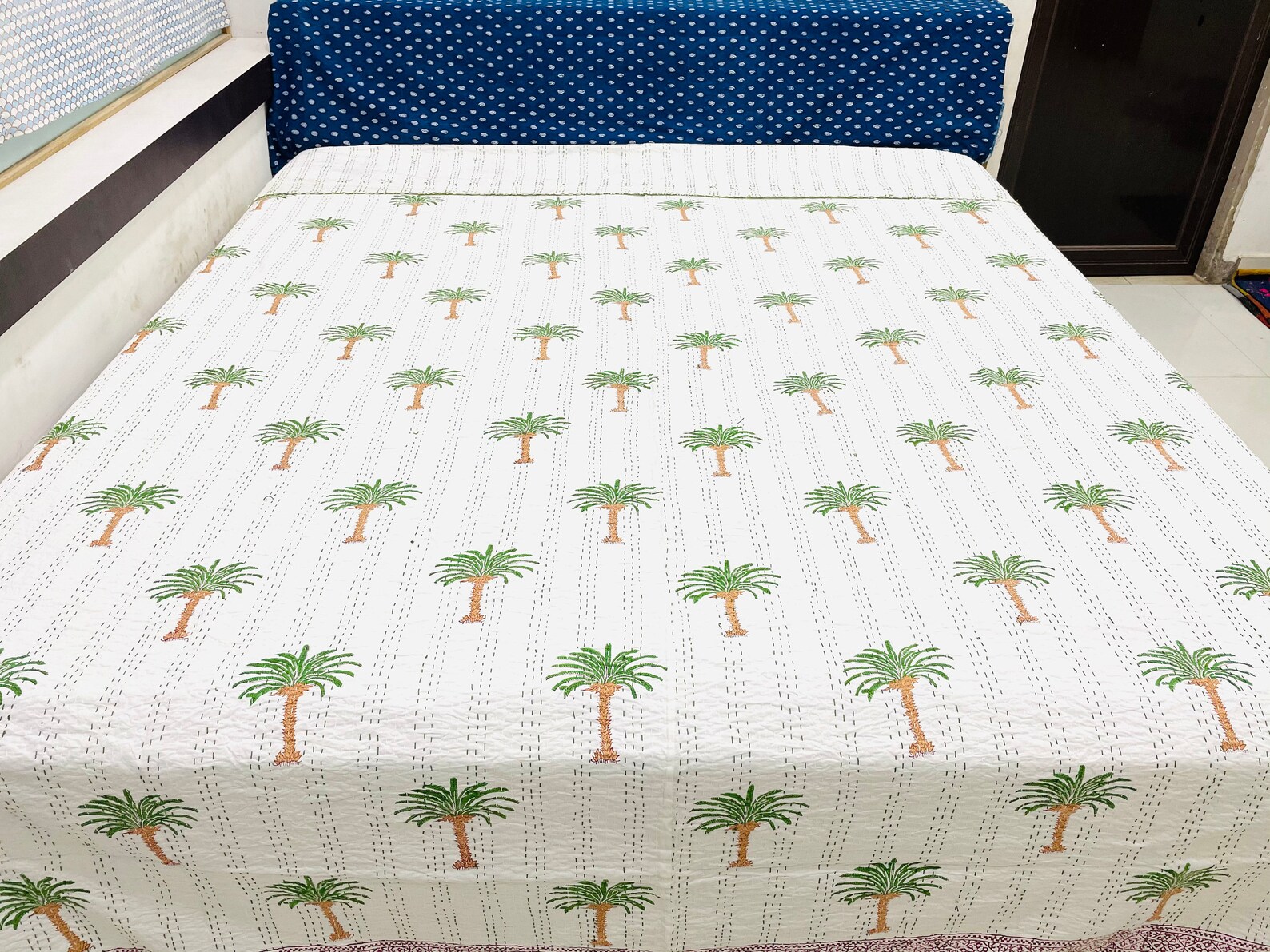 Green Palm Tree Quilt Bedding Kantha Blanket Queen Size Quilt Etsy
