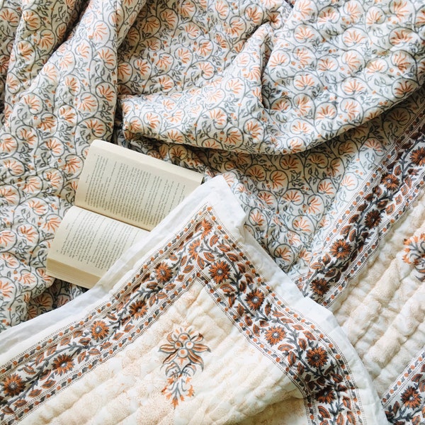 Hand Block Print Queen Quilt: Floral Cotton Bedspread