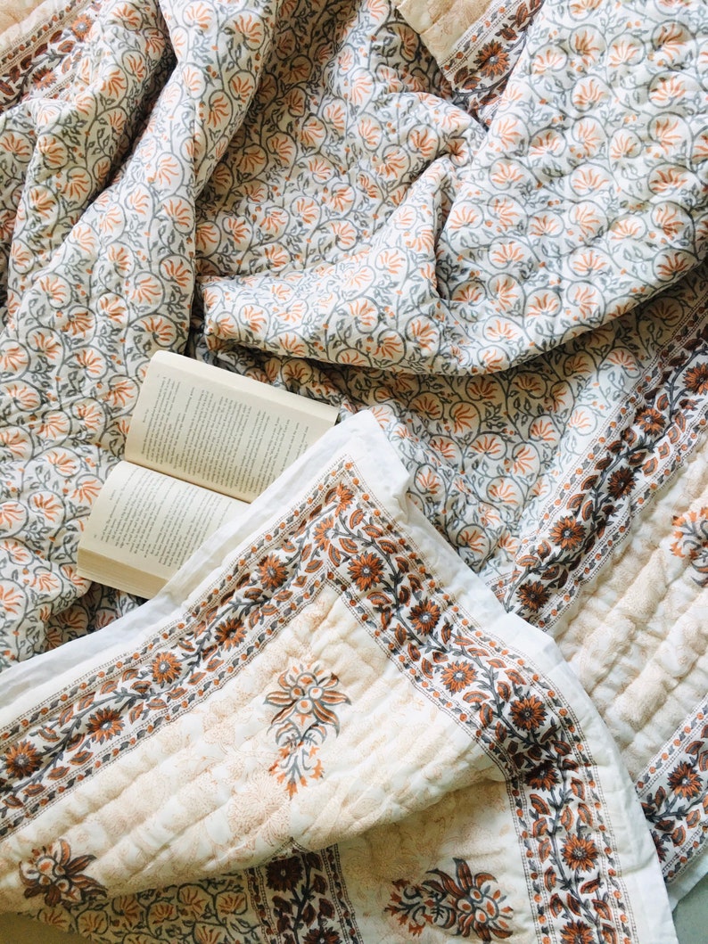 HandBlock Print Handmade Queen floral Cotton Quilted Quilt Cotton Blanket Handmade Bedspread Hand Block Print, 100% Cotton Blanket Throw