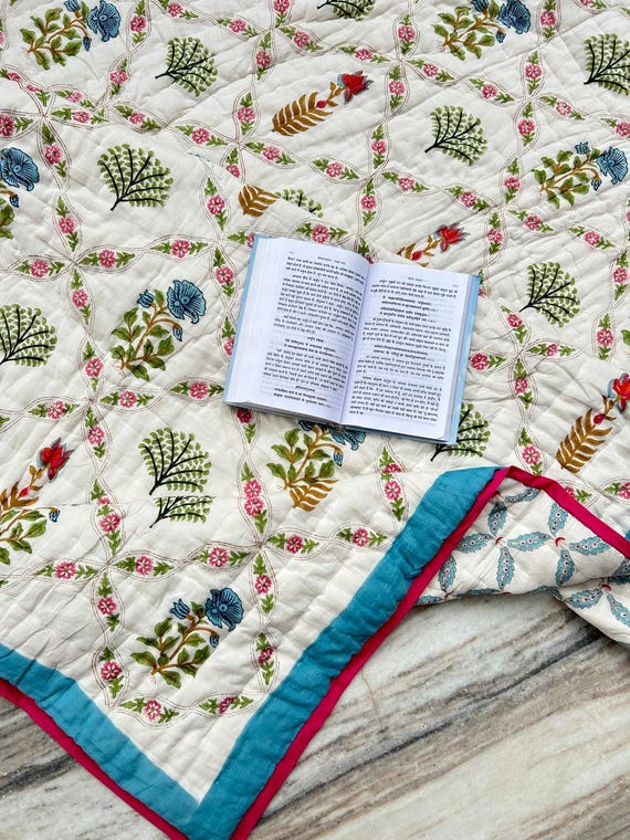 訳あり☆インド ブロックプリントキルト 大判 青白花柄 50cm単位