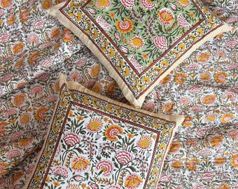 Handmade Floral Block Print Cushion Cover: Indian Cotton Pillow