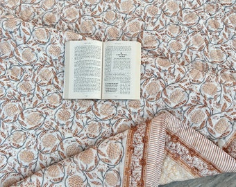 HandBlock Print Handgefertigte Queen Floral Baumwolle Gesteppte Quilt Baumwolldecke Handgemachte Tagesdecke Handblockdruck, 100% Baumwolle, Deckenüberwurf