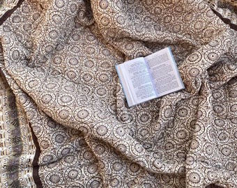 Chocolate Brown Block Printed Cotton Quilt: Reversible Bohemian Twin/Full Blanket