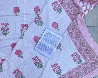 Hand block Cotton Dohar Quilt: Lightweight Floral Bedding