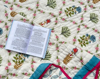 インド　ブロックプリントキルト　大判 青白花柄 Craft India インドキルト ブロックプリント トートバッグ｜花柄