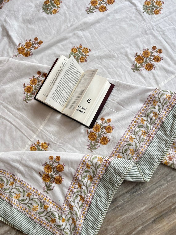 Floral Print Cotton Quilt: Reversible Indian Block Printed Blanket