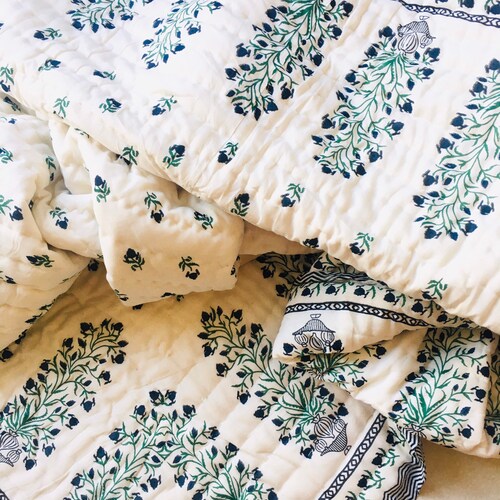HandBlock Print Handmade Queen floral Cotton Quilted Quilt Cotton