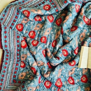 Indian Reversible Quilt, Jaipuri Razai, Soft Quilt, Hand Block Print Quilt, Jaipuri Famous Quilt, Cotton Queen Quilt, Gift For Her, Quilt