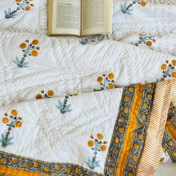 Hand Block Print Queen Quilt: Floral Cotton Bedspread