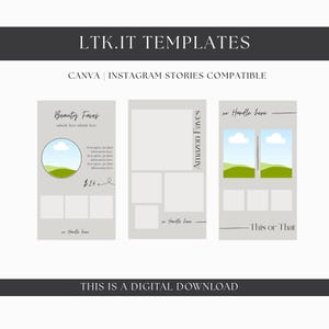 May include: Digital templates for Instagram stories. The templates include designs for "Beauty Faves", "Amazon Faves", and "This or That". The text "LTK.IT TEMPLATES" and "CANVA | INSTAGRAM STORIES COMPATIBLE" are at the top. The bottom text reads "THIS IS A DIGITAL DOWNLOAD".