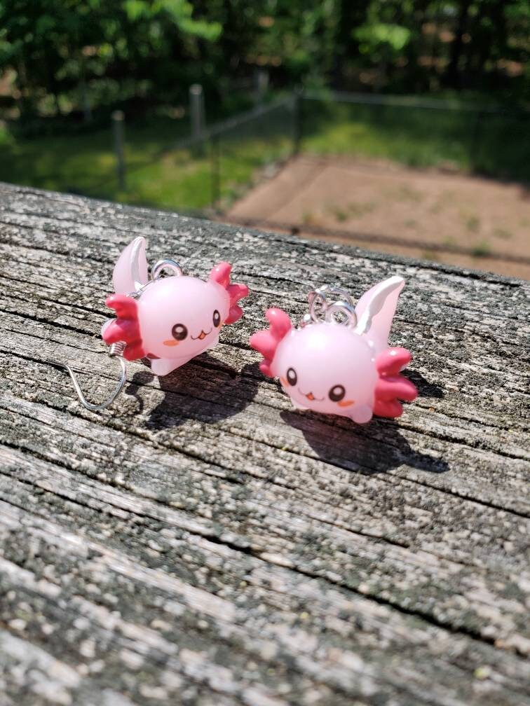 Axolotl Earrings, Cute Pink Animal Jewelry - Unique Animal Dangle Ear…