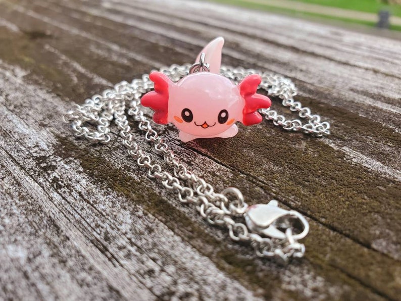 Axolotl Necklace, Cute Pink Animal Jewelry, Unique Animal, Kawaii, Pink Axolotl, 14k Gold Plated Necklace, Birthday gift, Christmas gift 