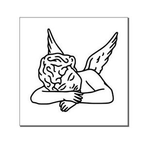 Puede incluir: Un dibujo en blanco y negro de un ángel con alas, acostado de lado con la cabeza apoyada en el brazo.
