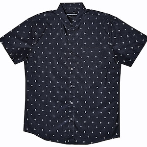 May include: Dark navy short-sleeve button-down shirt with a white diamond pattern. The shirt has a button-down collar, a chest pocket, and the brand name "MOLOKAI" printed on the collar.