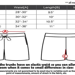 May include: A size chart for men's swim trunks with measurements in inches for waist, length, and inseam. The chart shows sizes from small to X-Large. The image also includes a line drawing of the swim trunks.
