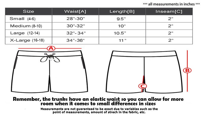 May include: A size chart for men's swim trunks with measurements in inches for waist, length, and inseam. The chart shows sizes from small to X-Large. The image also includes a line drawing of the swim trunks.