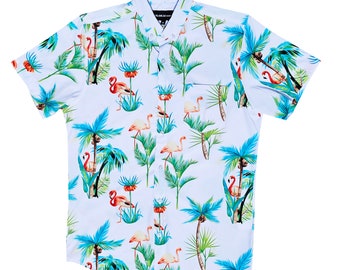 White Tropical Flamingo Button Down Shirt