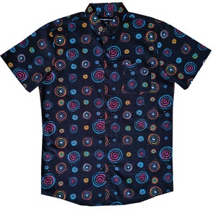 May include: A black short-sleeved button-down shirt with a colorful, abstract pattern of circles and stars.