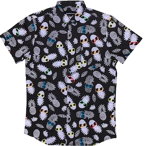May include: A black short-sleeved button-down shirt with a white pineapple print. Each pineapple has a pair of sunglasses with different colored lenses.