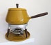 HARVEST GOLD FONDUE Vintage 60s 70s Danish Modern Enameled Aluminum Fondue Set, Teakwood Trim, Swiss Appetizer