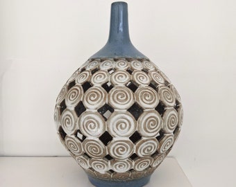 HAND THROWN LATTICE Vintage Glazed Ceramic Vase, Blue Stoneware Vases, Bohemian Home Decor, Floral Centerpiece