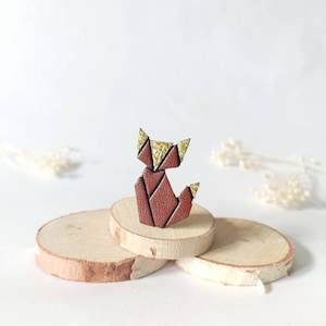 &quot;Alfred&quot; brooch, origami fox style, hammered brown and gold leather
