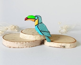 "Gaëtan" brooch, in genuine leather, Toucan origami spirit, petrol blue, yellow and orange colors
